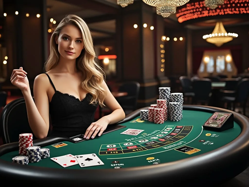 Antarmuka meja kasino live dengan dealer dan panel permainan